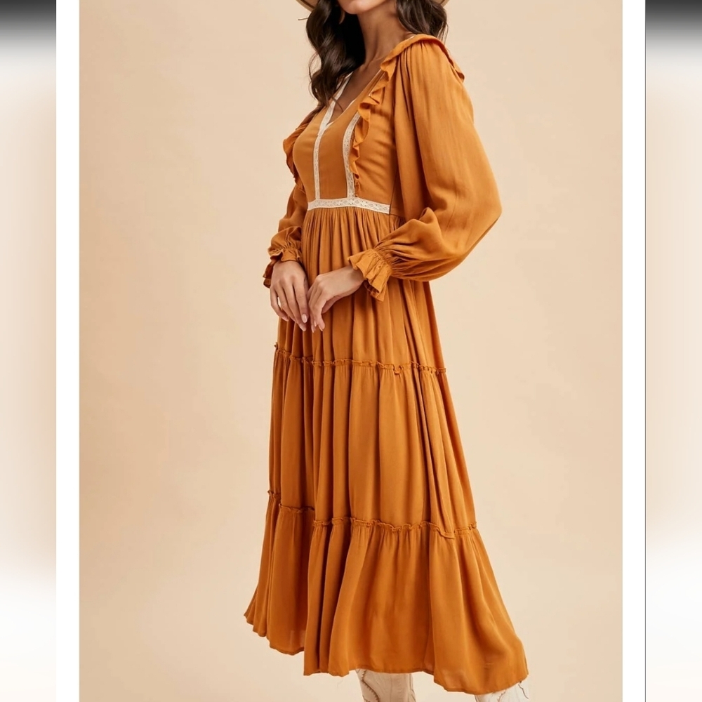 In Loom Tiered Lace Inset Ruffle Dress Size Large Midi BoHo Modest - Picture 2 of 15